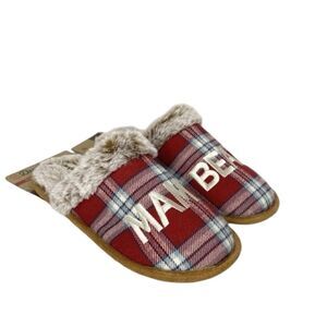Dearfoams Womens Size Small (5-6) Mama Bear Red Plaid Scuff Slippers Memory Foam